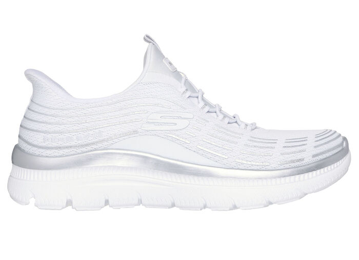 SKECHERS, stylische Damen-Sneaker, mit geformter Slip-Ins Fersenplatte WEISS-SILBER